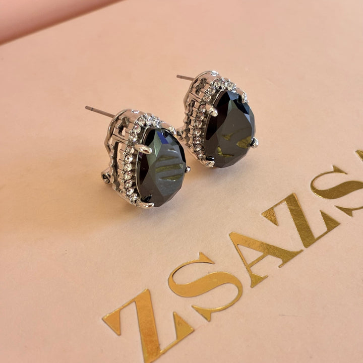 Teardrop black preciosa crystals French clip earrings