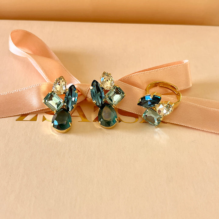 Shade of green Swarovski crystals earrings and ring