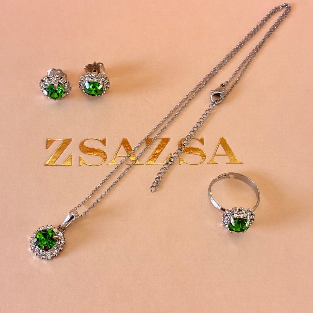 Dainty green Preciosa crystals silver set