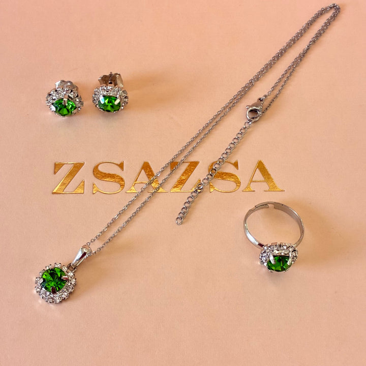 Dainty green Preciosa crystals silver set