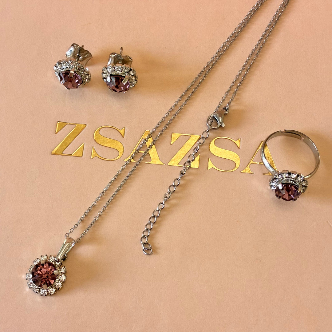 Mauve dainty Preciosa crystals silver set