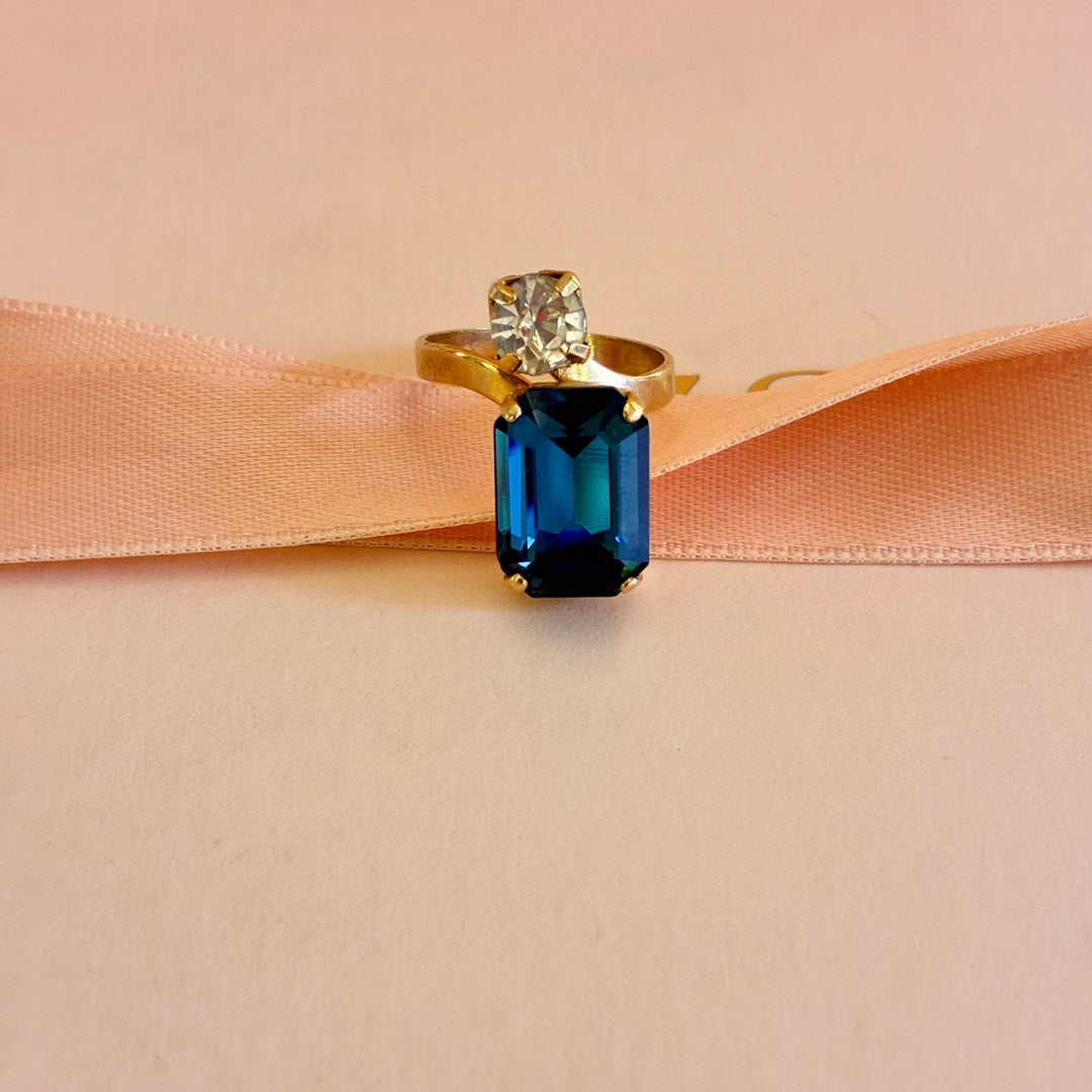 Rectangular navy blue preciosa crystals ring