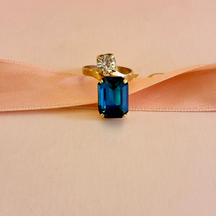 Rectangular navy blue preciosa crystals ring