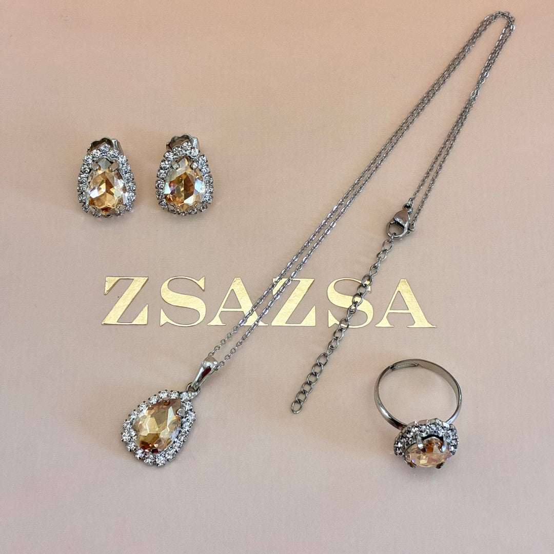 Teardrop Champagne Preciosa crystals silver set