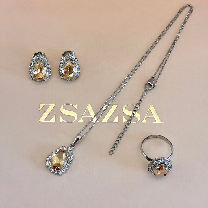 Teardrop Champagne Preciosa crystals silver set