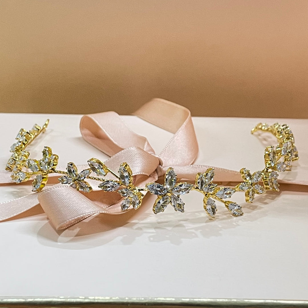 Gold cubic Zircone flowers and leaves headpiece