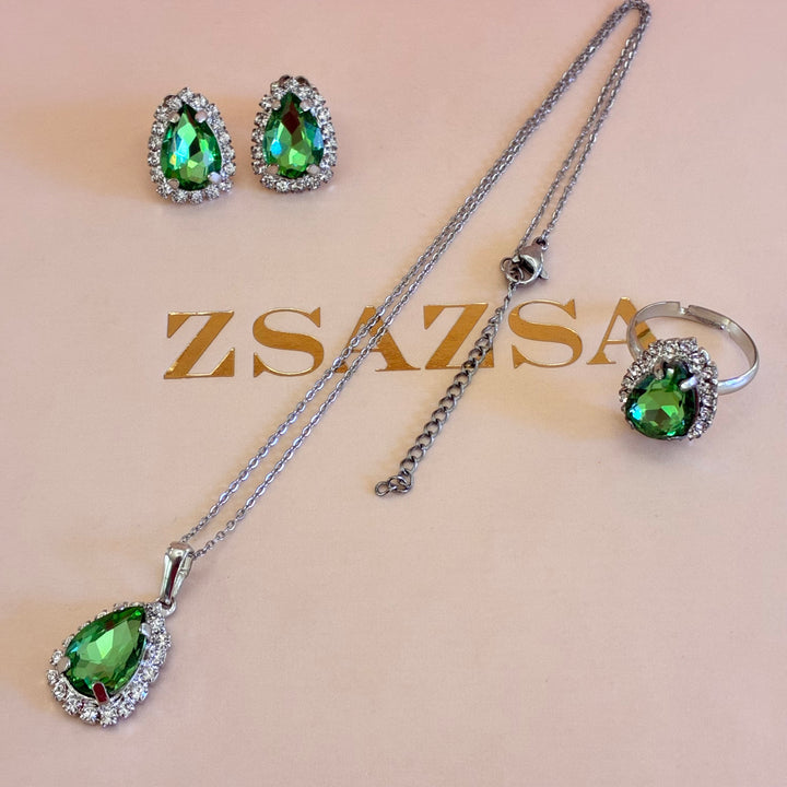 Teardrop green Preciosa crystals silver set