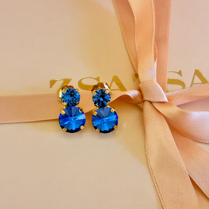 Double round royal blue gold plated earrings