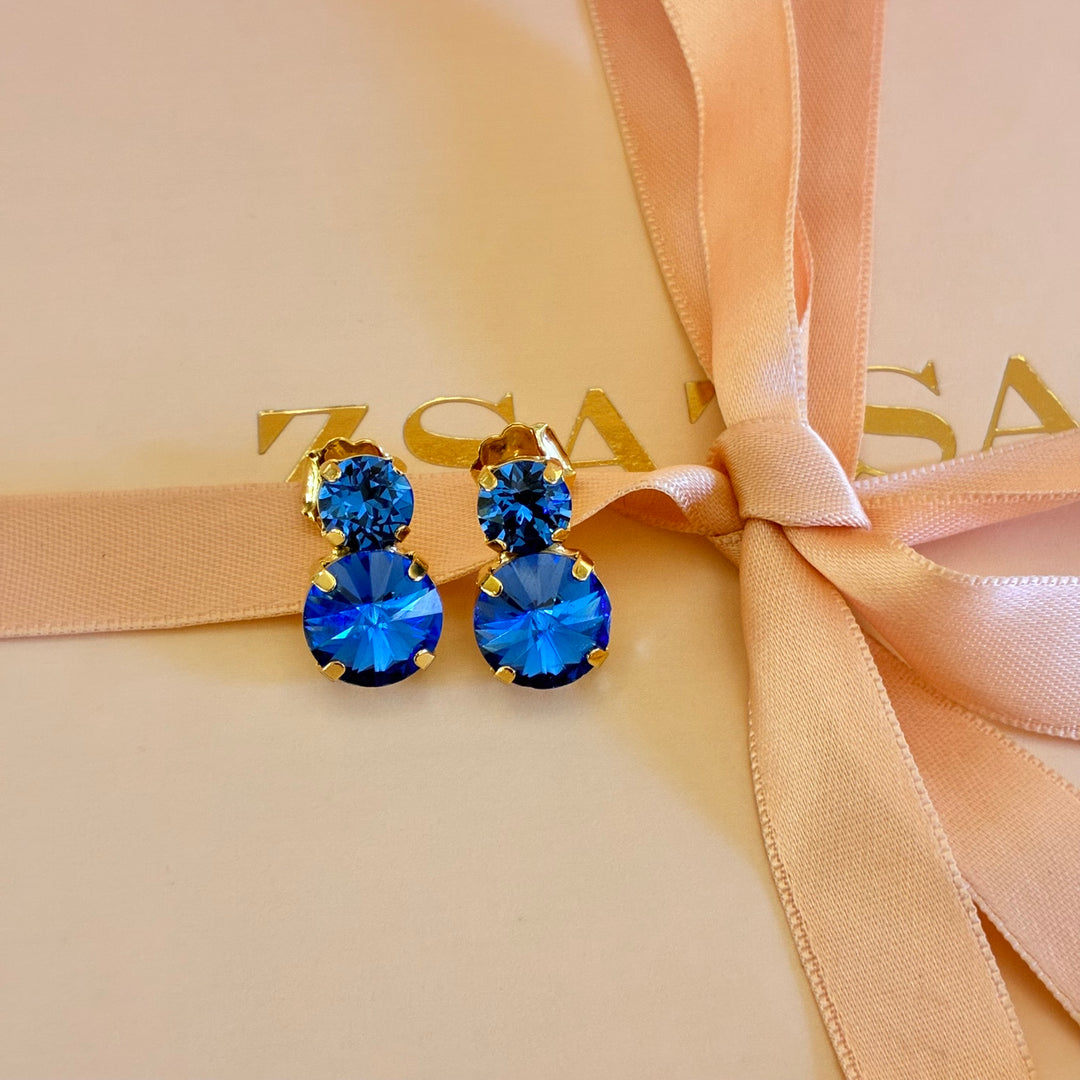 Double round royal blue gold plated earrings