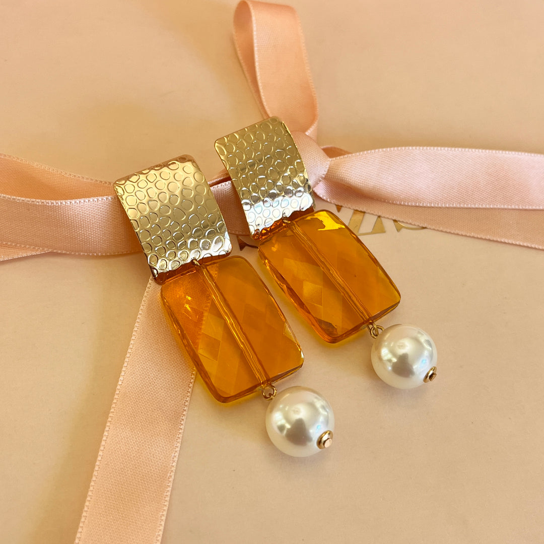 Topaz resin and pearl earrings