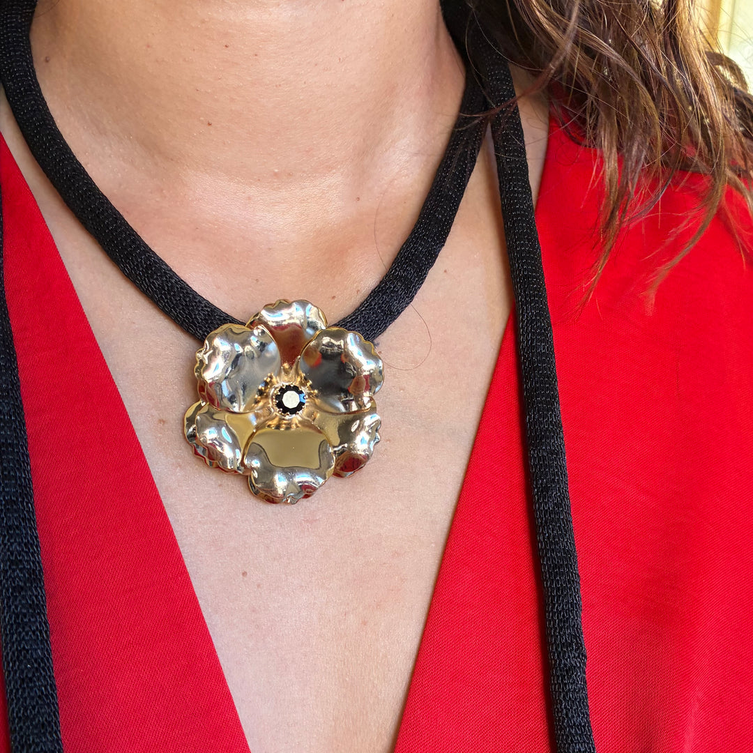 Black silk cord necklace with Flower Preciosa crystals