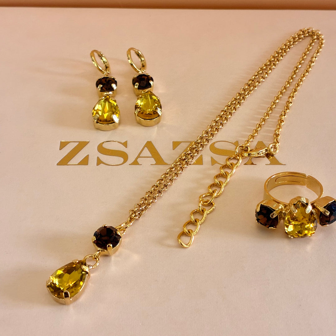 Brown and yellow Preciosa crystals set