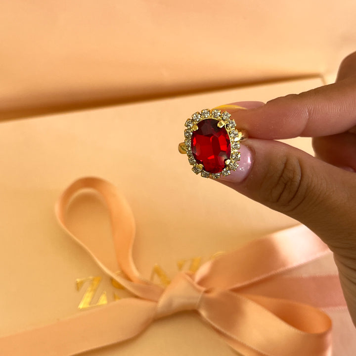 Red oval Preciosa crystals studs and ring