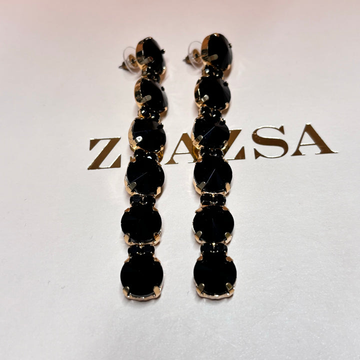 Long black rhinestone gold earrings