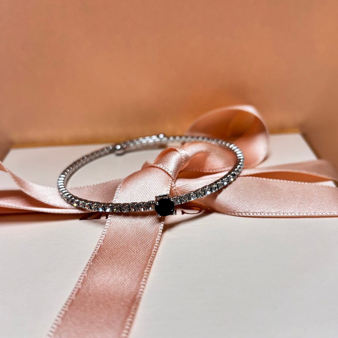 Dainty black rhinestone silver bangle