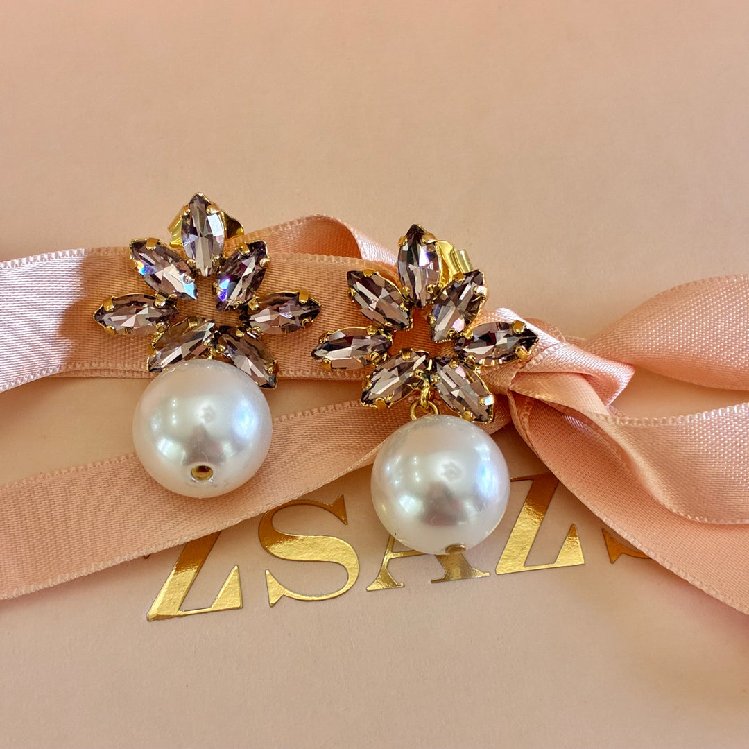 Lilac Swarovski crystals gold plated marquise with pearls