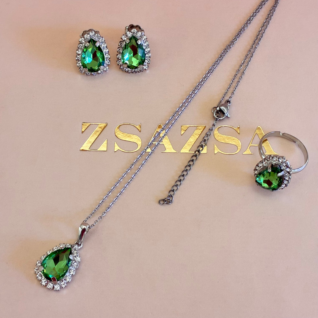 Teardrop green Preciosa crystals silver set