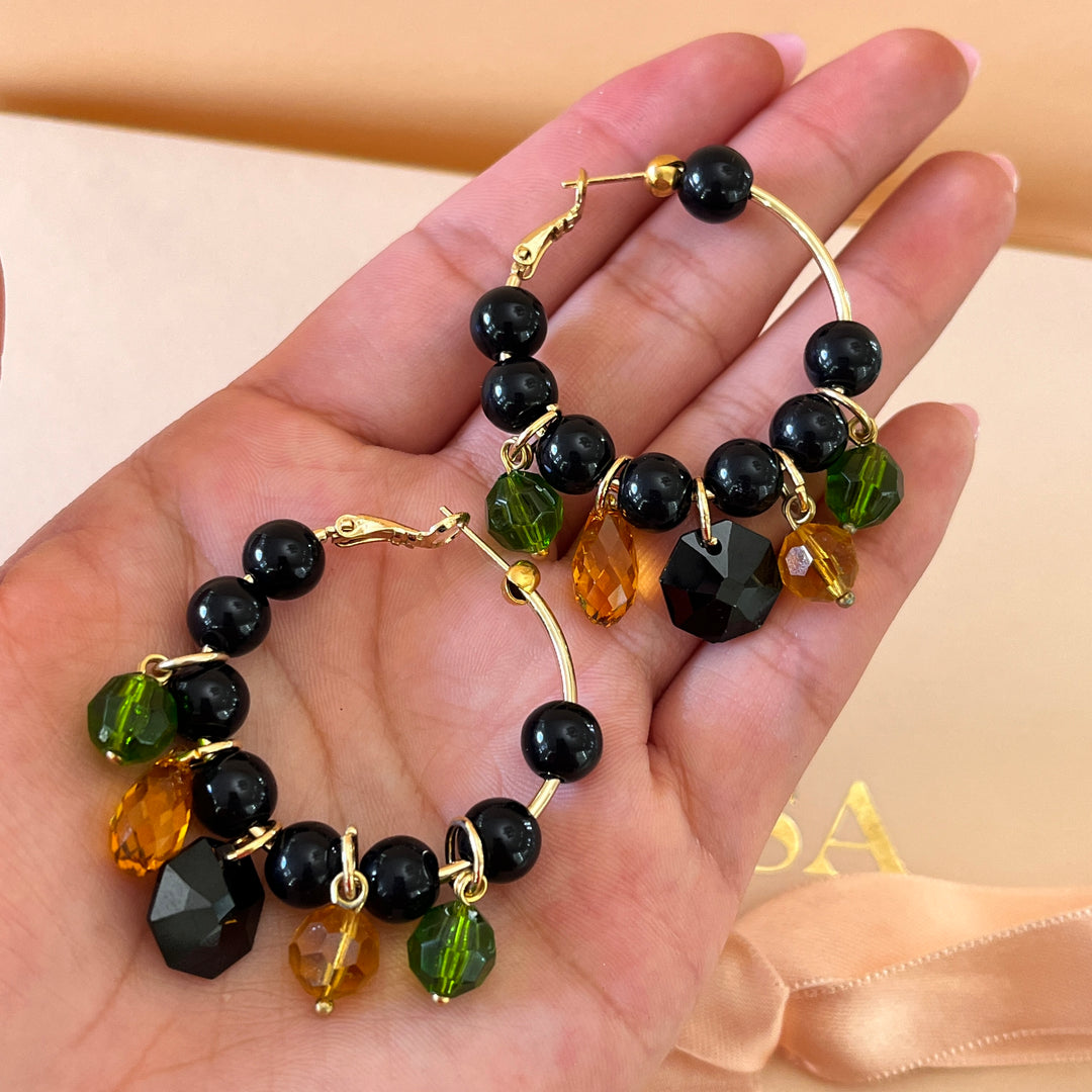 Black, topaz & olive resin gold plated hoops