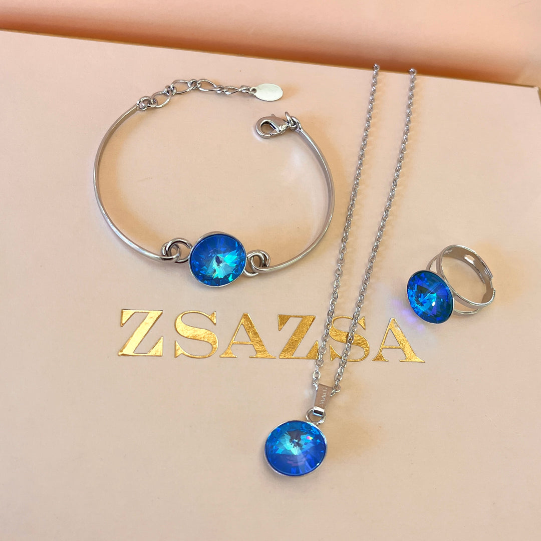 Intense light blue Swarovski crystals pendant, bracelet & ring