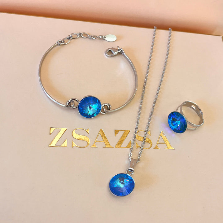 Intense light blue Swarovski crystals pendant, bracelet & ring