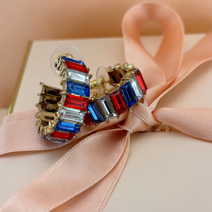 Multicoloured rhinestone baguette gold plated hoops