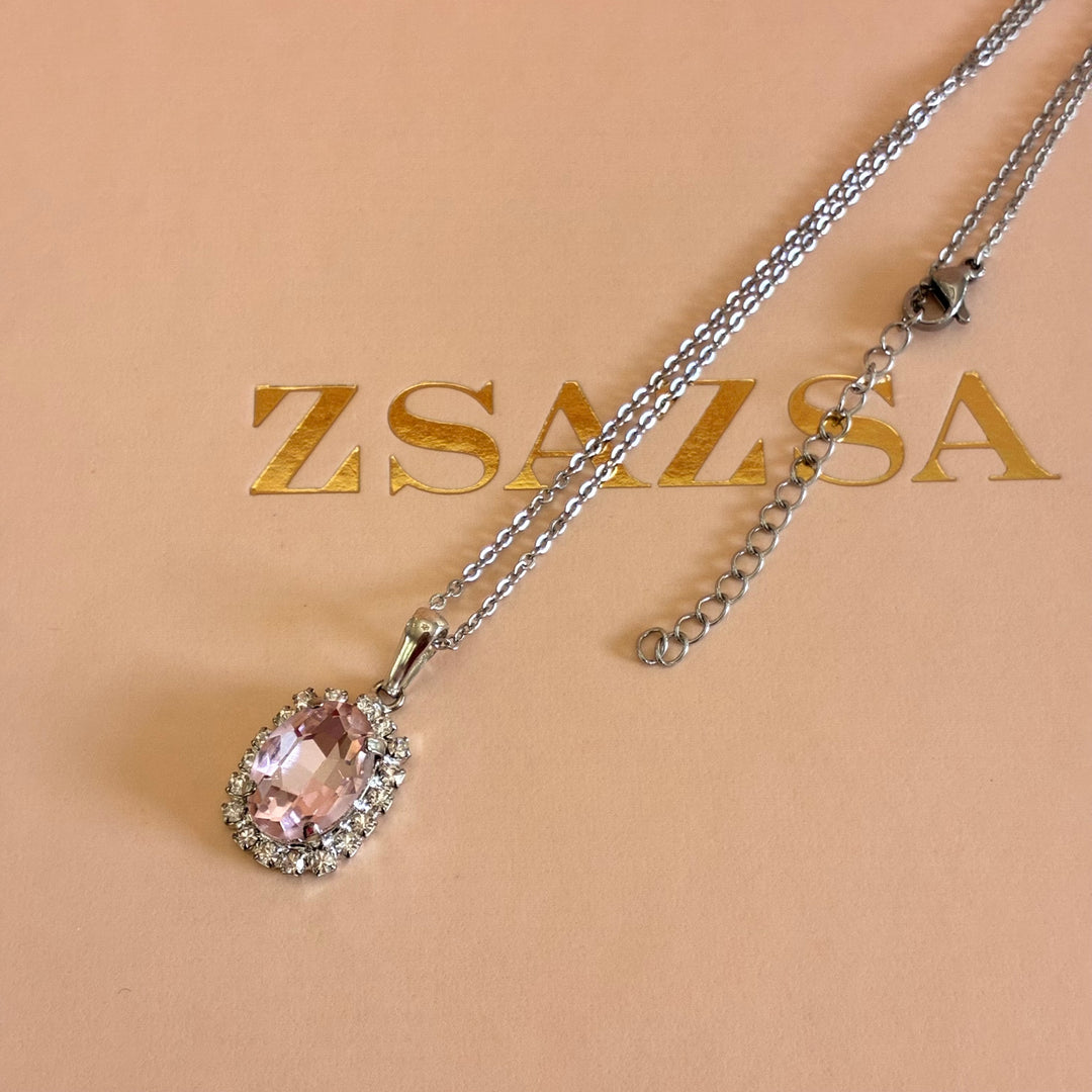 Oval light pink Preciosa crystals silver pendant set