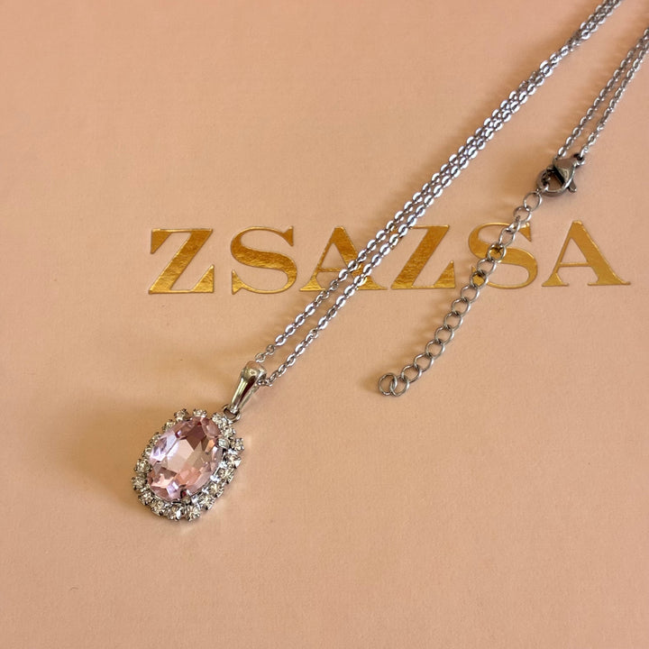 Oval light pink Preciosa crystals silver pendant set