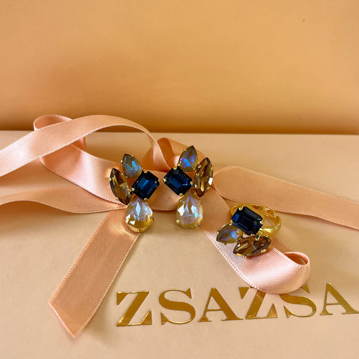 Multicolour Swarovski crystals earrings and ring