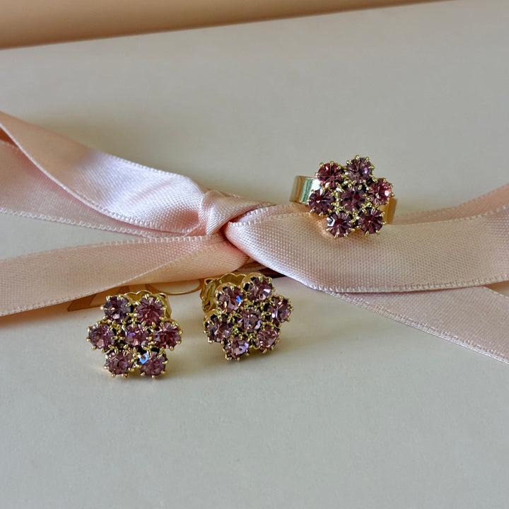 Flower pink crystals gold plated set