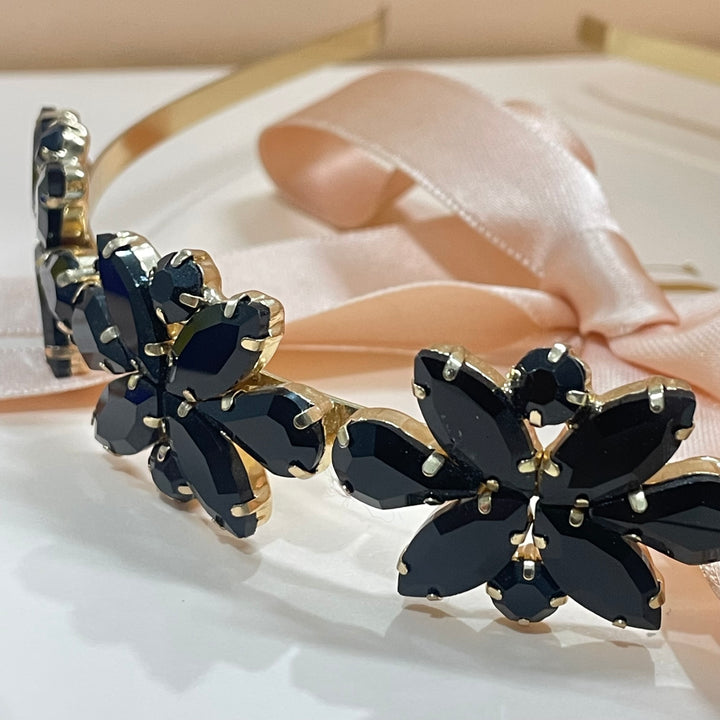 Black big stone marquise gold plated headband