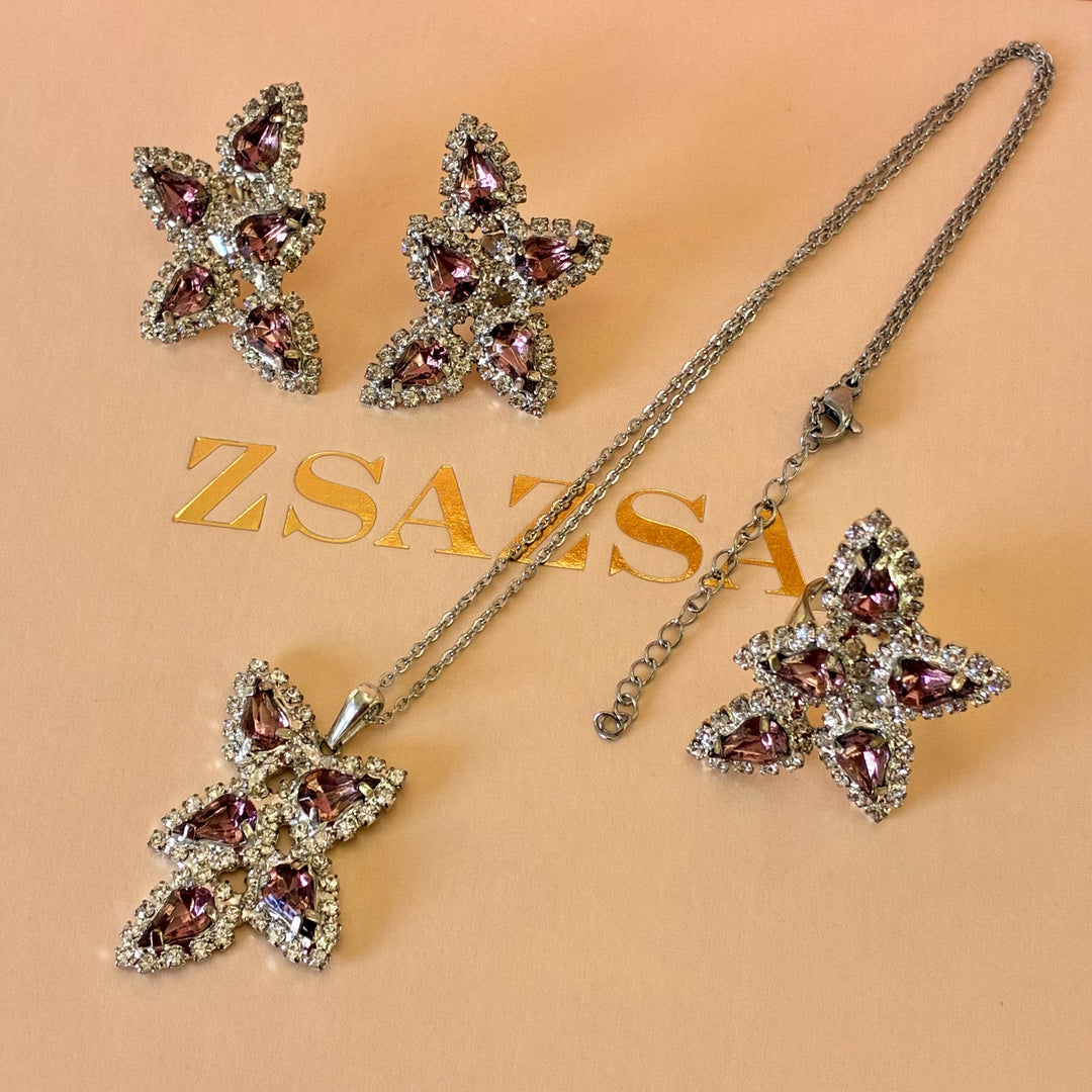 Mauve teardrop preciosa crystals silver set