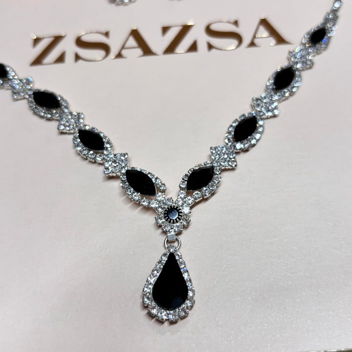 Teardop and marquise black rhinestone silver set