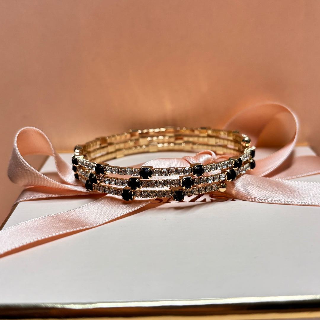 3 rows black rhinestone gold bangle