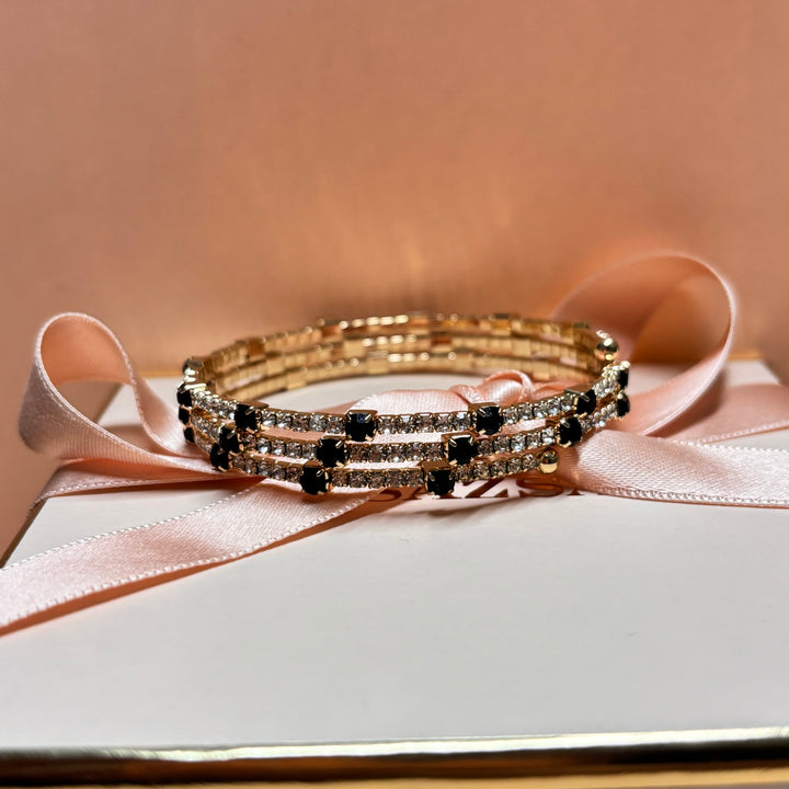 3 rows black rhinestone gold bangle