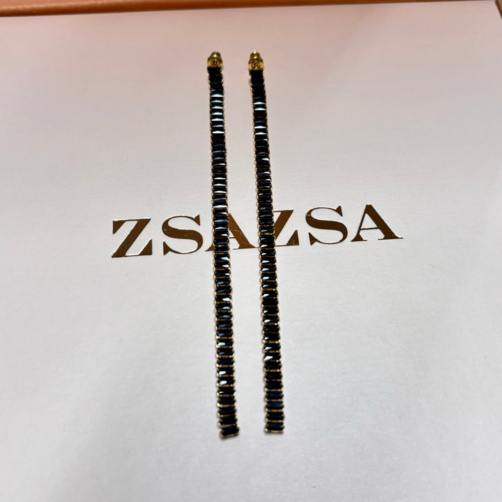 Long black rhinesetone baguette gold earrings