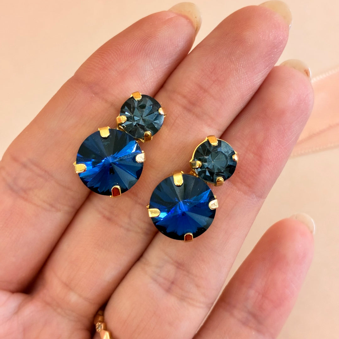 Double round navy blue gold plated earrings