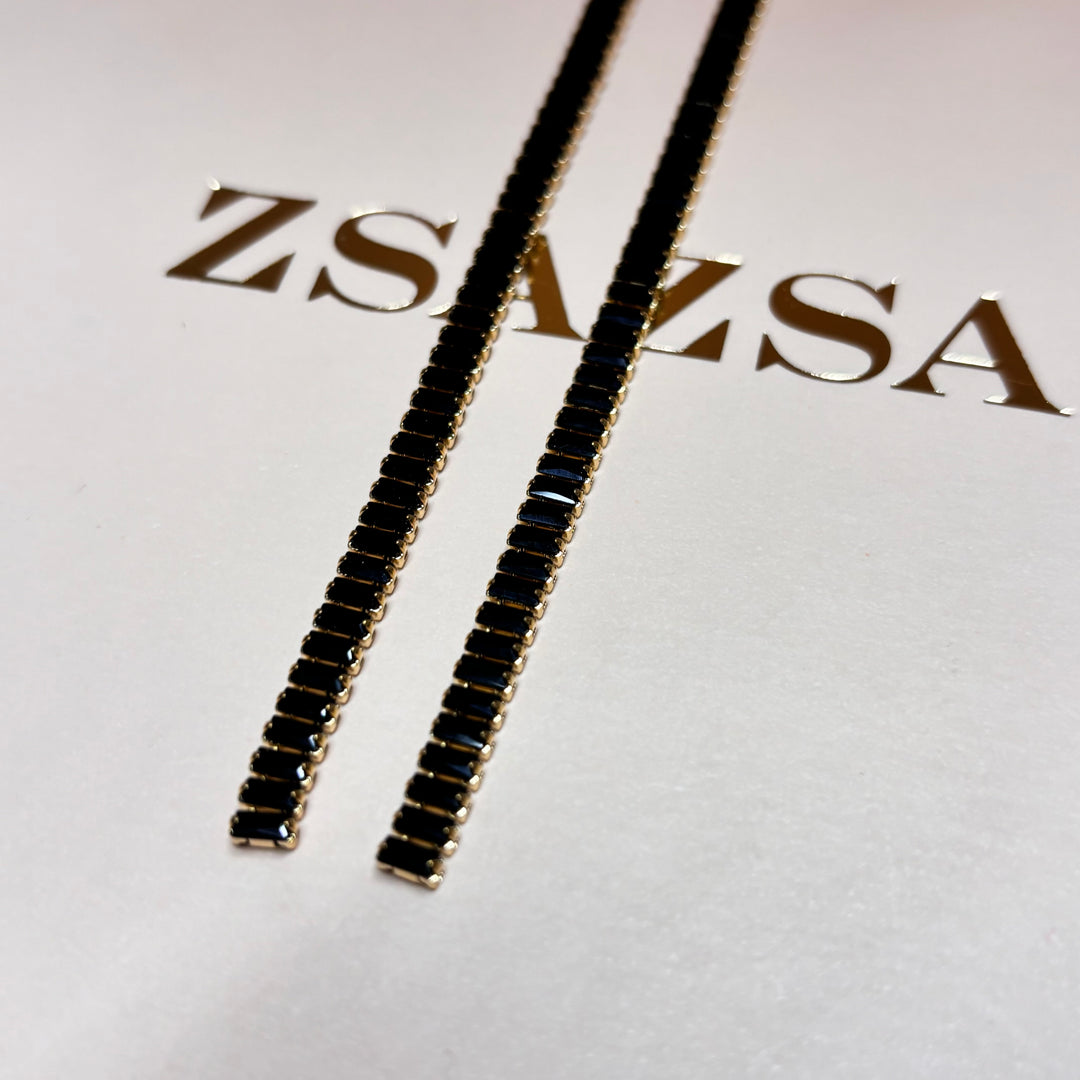 Long black rhinesetone baguette gold earrings
