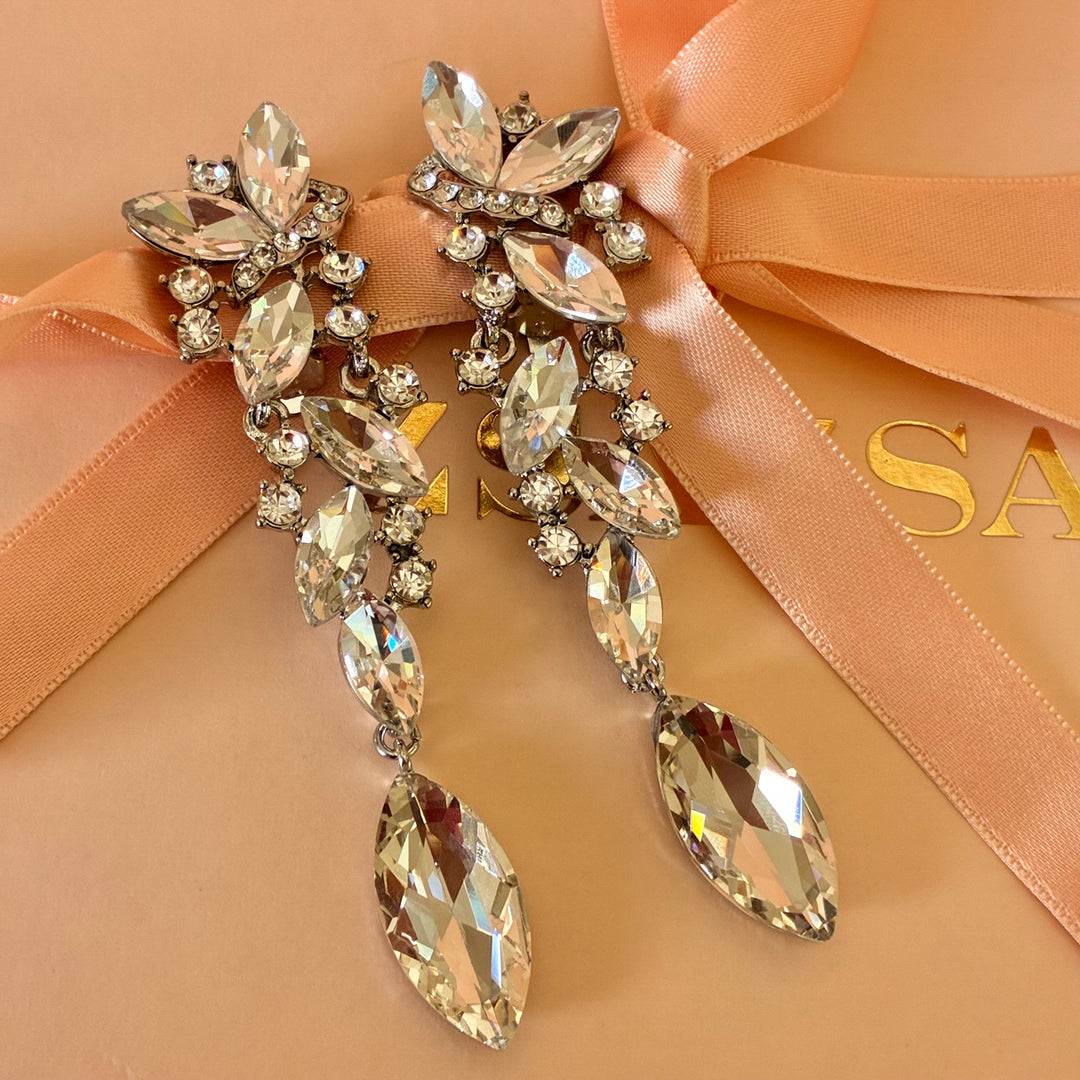 Marquise silver long clip on earrings