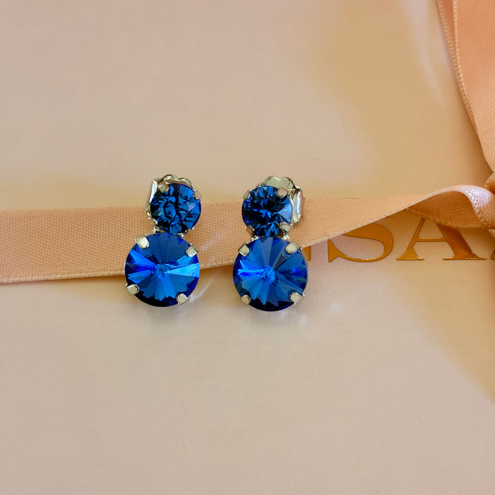 Double round royal blue silver earrings