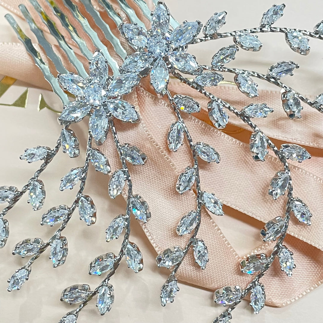 Silver Large flower detail cubic zircone hair comb
