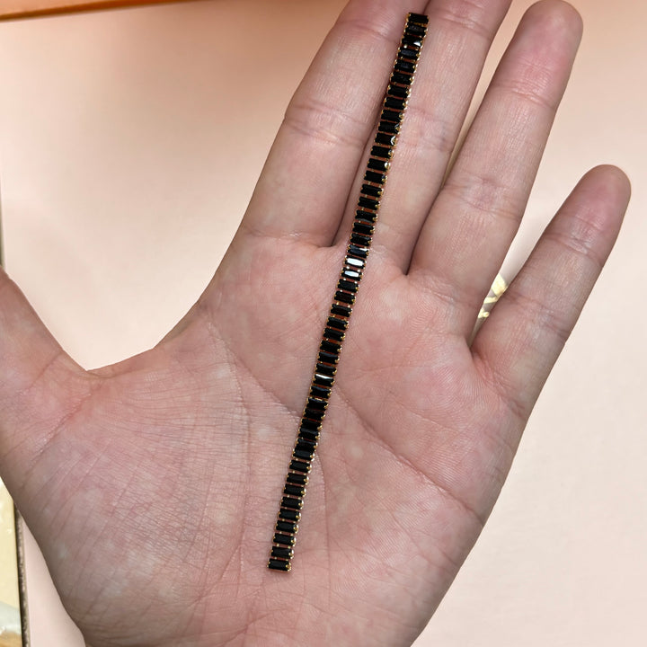 Long black rhinesetone baguette gold earrings