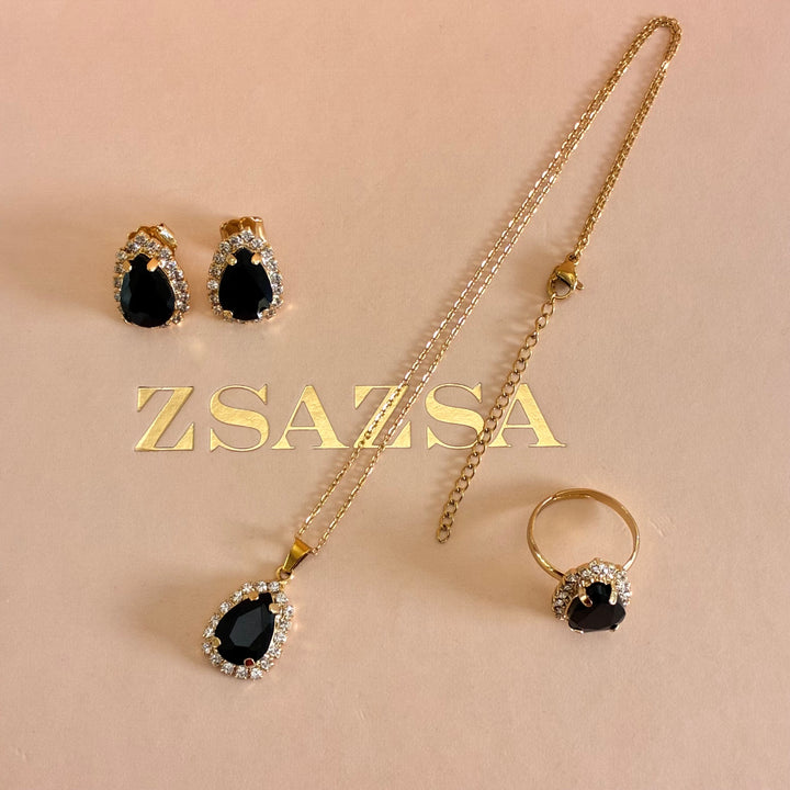 Teardrop Black Preciosa crystals gold plated set