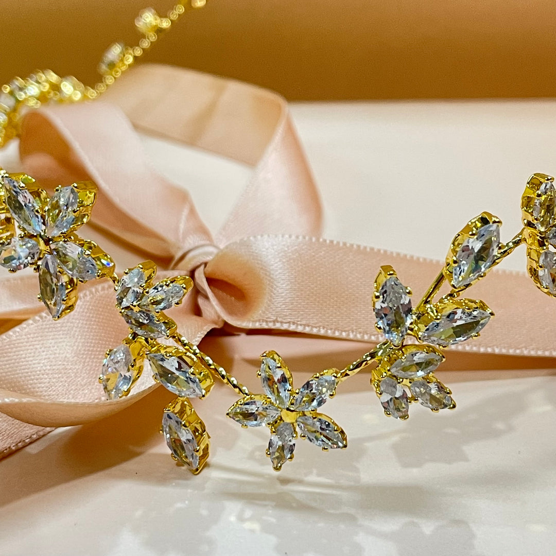 Gold cubic Zircone flowers and leaves headpiece