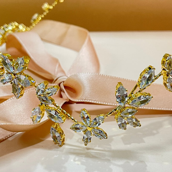 Gold cubic Zircone flowers and leaves headpiece