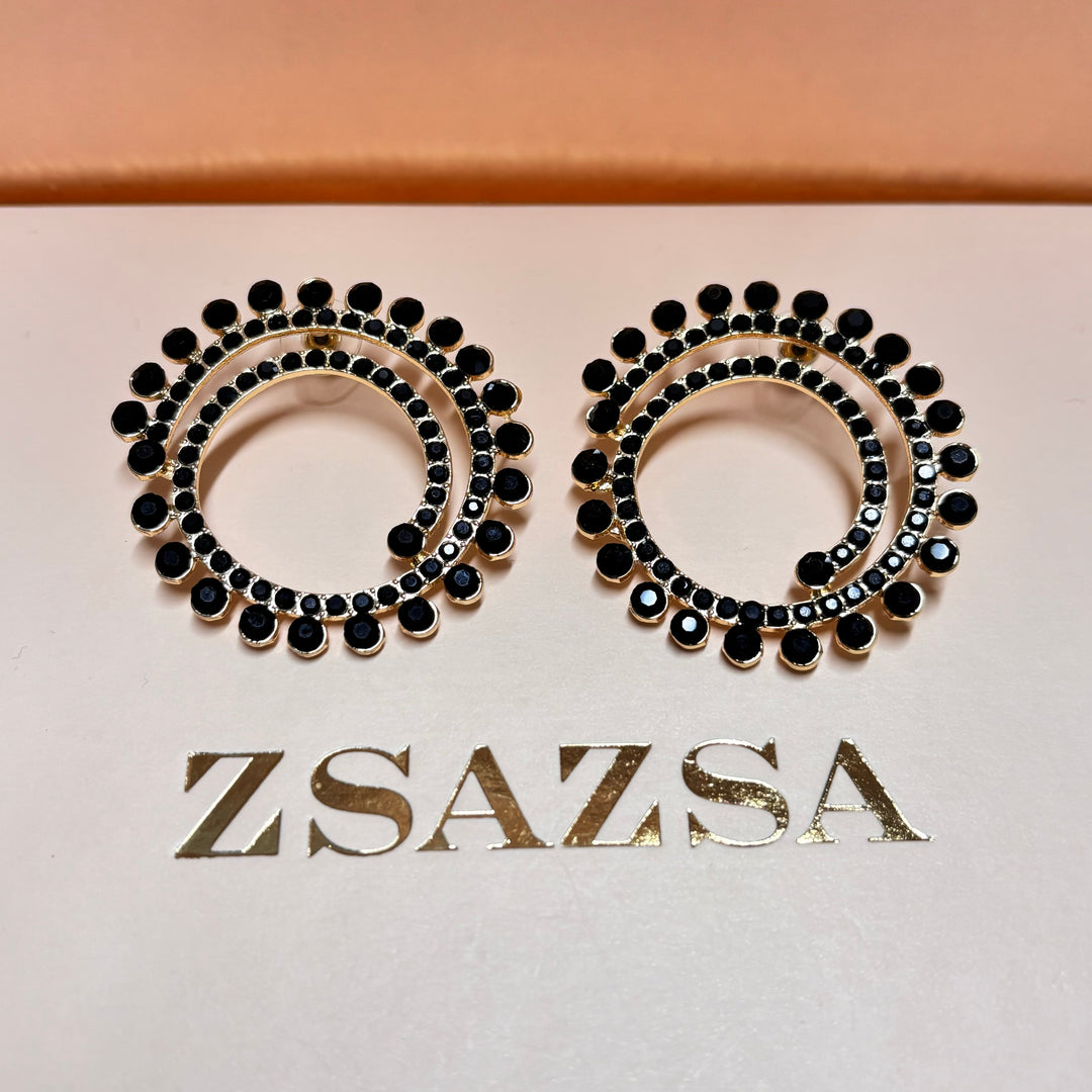 Spiral black rhinestone gold earrings