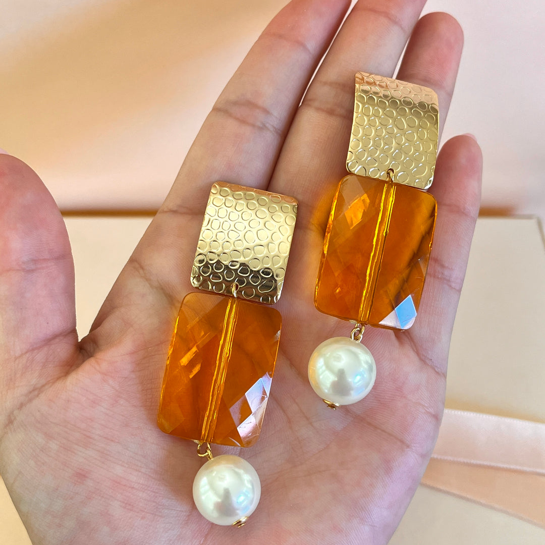 Topaz resin and pearl earrings