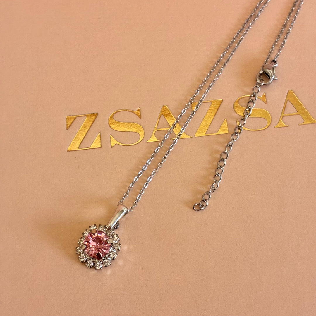 Light pink crystals silver pendant set