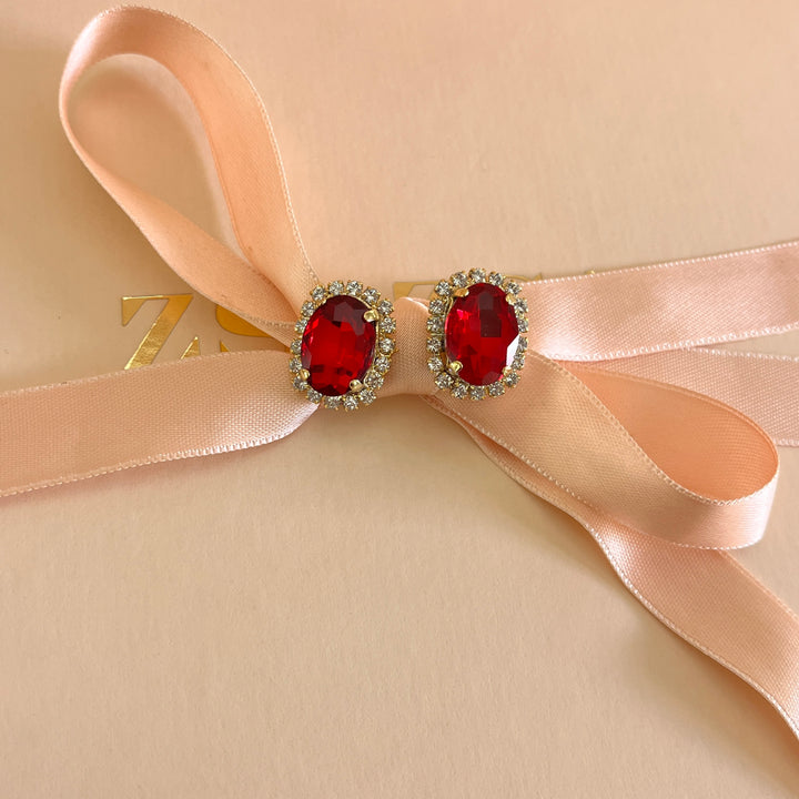 Red oval Preciosa crystals studs and ring