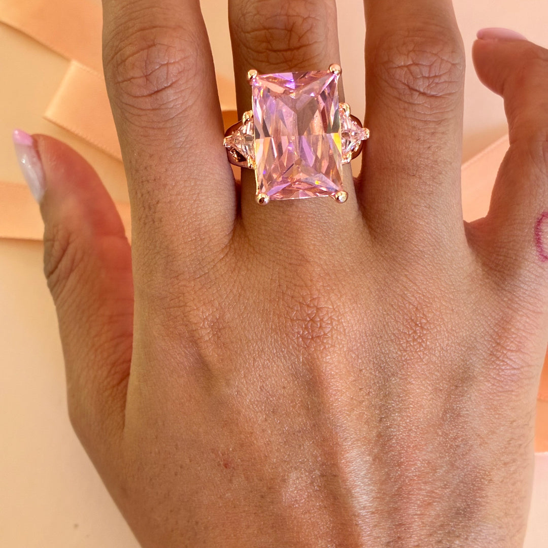 Rectangular pink rose gold plated ring