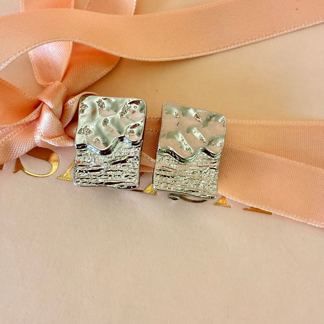 Rectangular textured clip on earrings